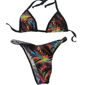 Freedom Rave Wear Black Multi color high rise triangle top Cheeky Bikini S/M